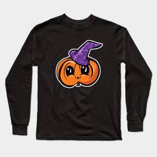 Cute Halloween Pumpkin With Witches Hat Cartoon Long Sleeve T-Shirt